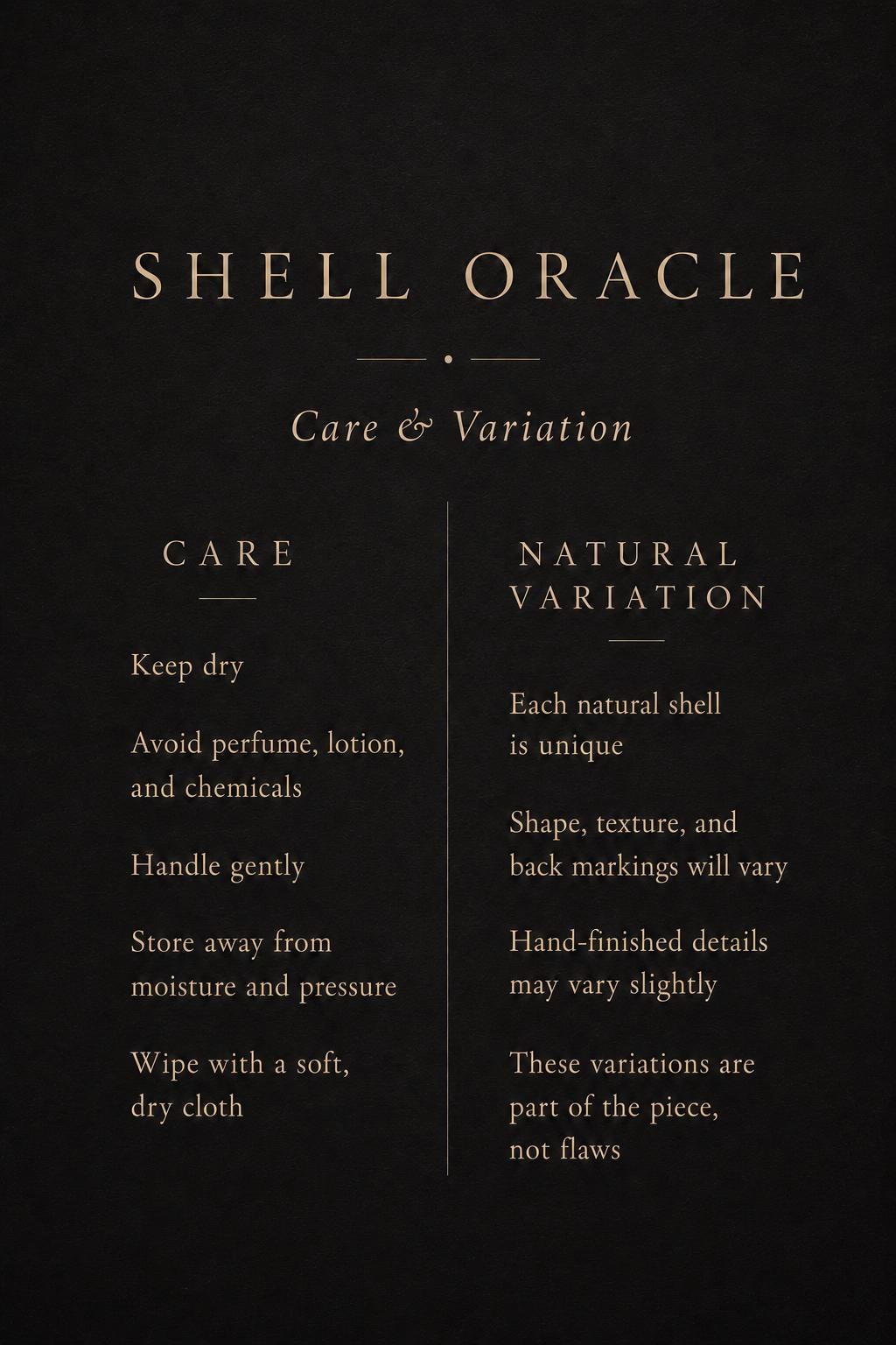 Shell Oracle care and natural-variation guide card.