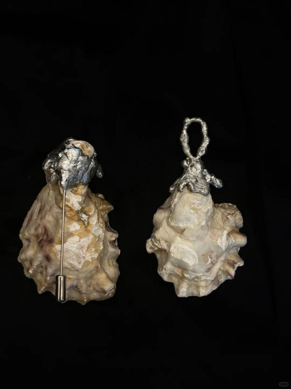 Shell backs showing brooch-pin and keychain attachment examples.