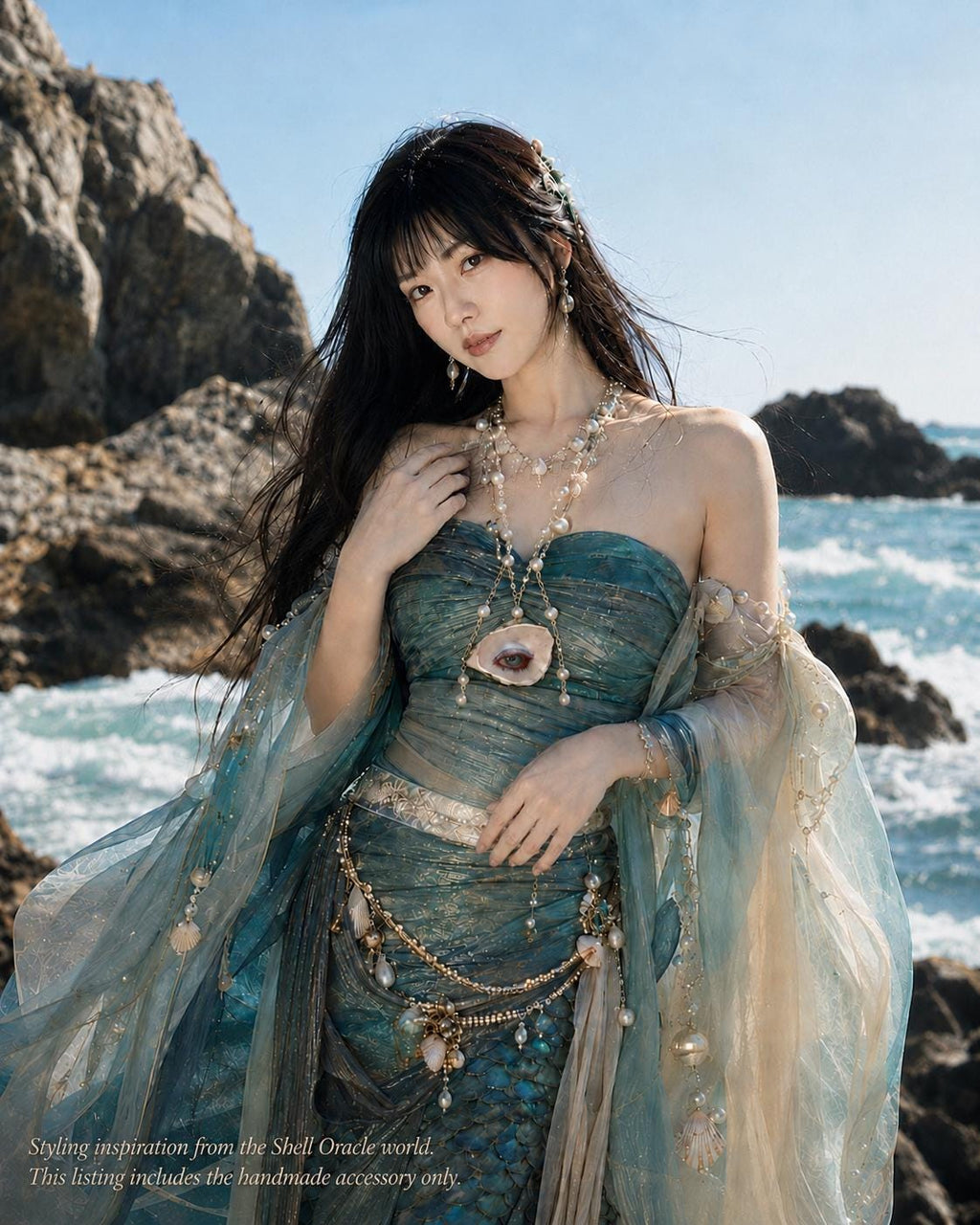 Editorial styling reference showing shell-eye jewelry with a blue seaside outfit; pictured piece may differ.