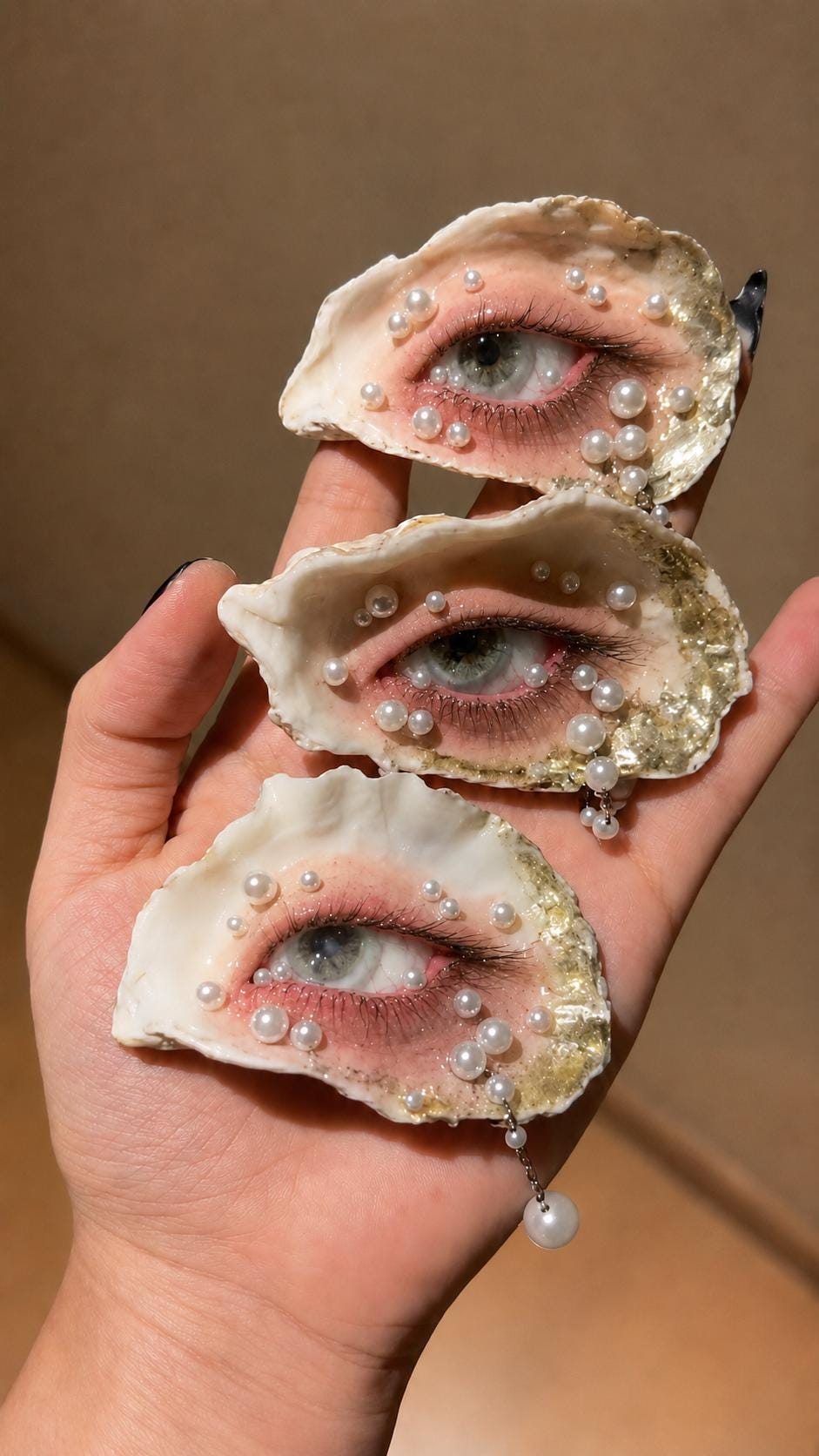 Three gilded shell-eye pieces with pink eyelids and pearl-like details displayed across a hand.