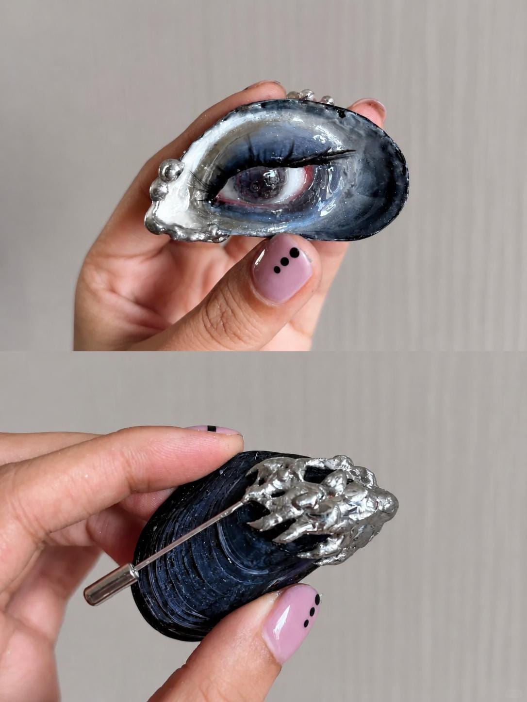 Front-and-back comparison of Blue Smoky Shell Eye showing the eye artwork and mounting hardware.