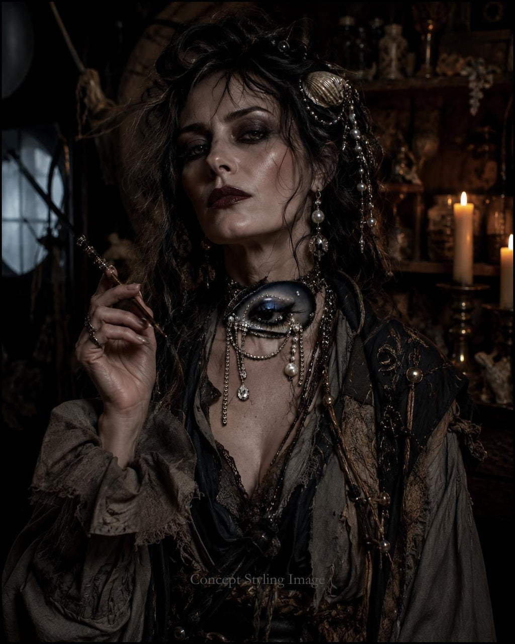 Styling image of a darkly dressed model wearing a blue shell-eye choker.