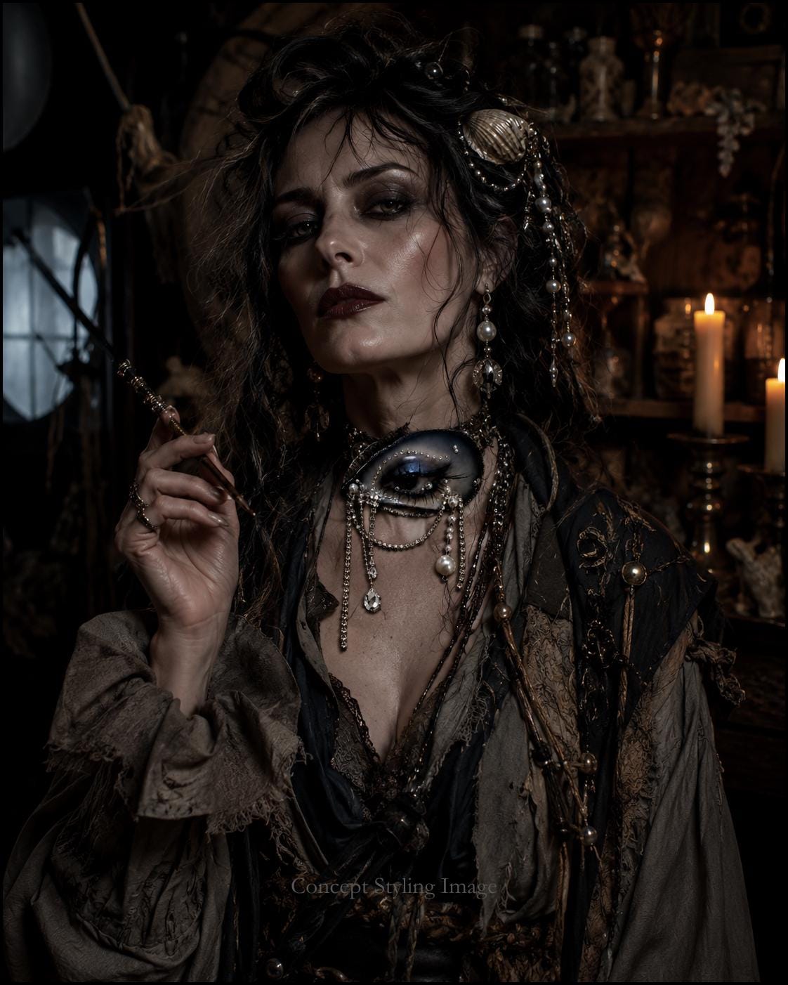 Styling image of a darkly dressed model wearing a blue shell-eye choker.