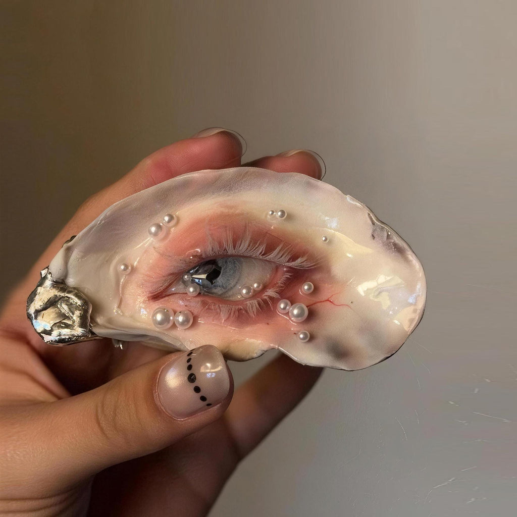 White-Lash Blue Oyster Eye held in warm light, showing its pink eyelid and pale lashes.