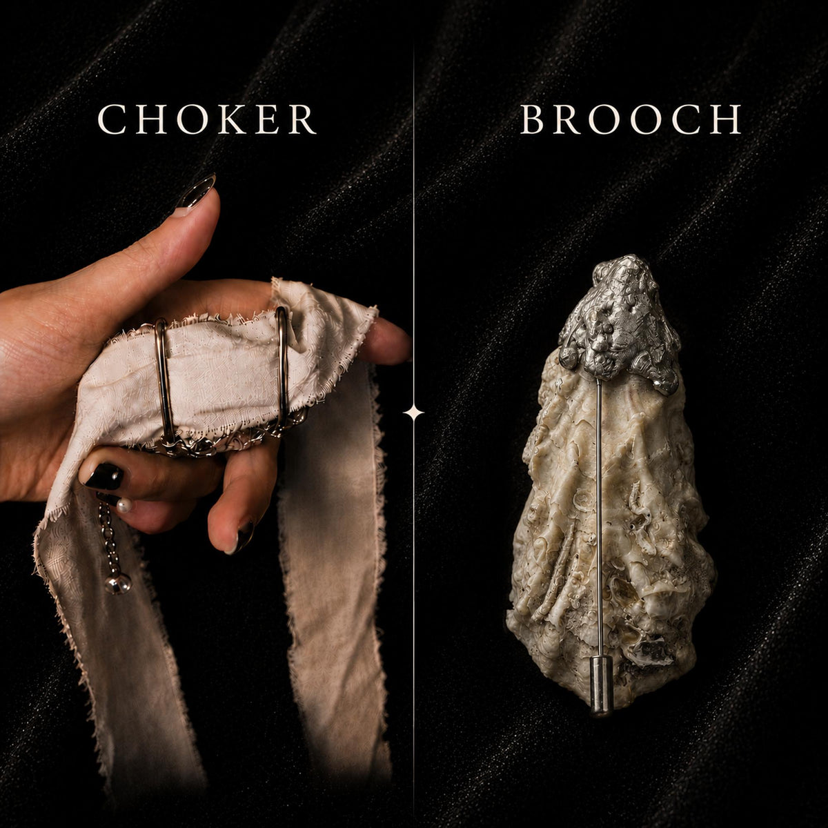 Rear-attachment comparison labeled Choker and Brooch on two shell backs.