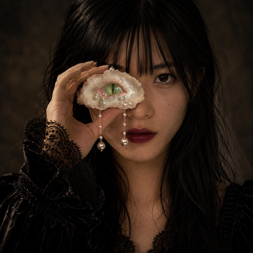 Cat-Eye Green Pupil shell-eye piece styled over one eye with a dark outfit.