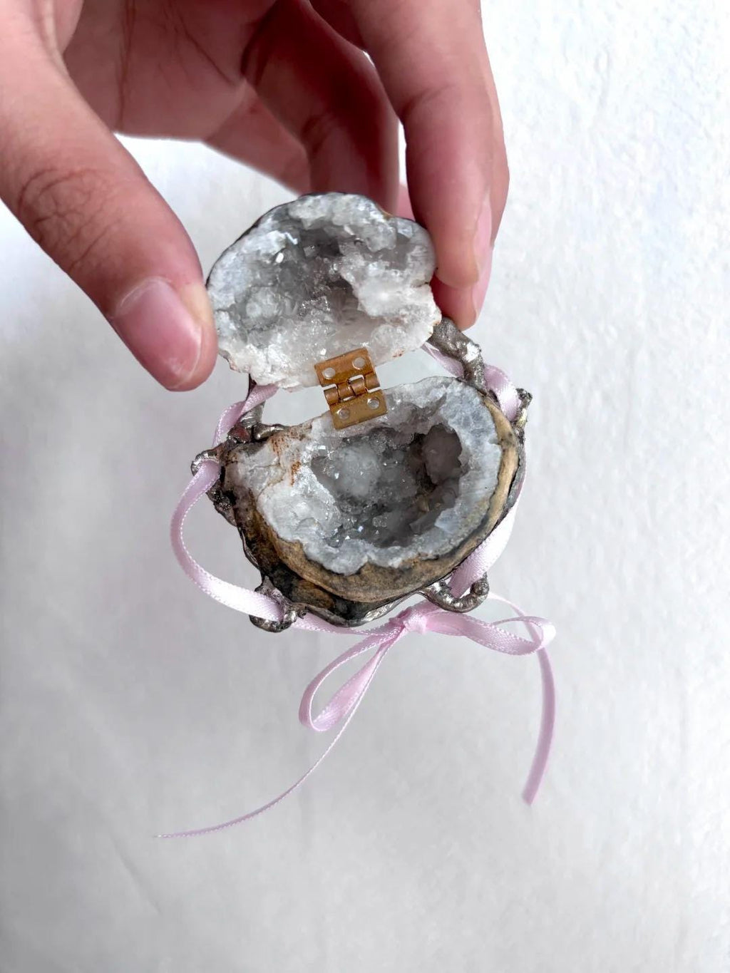 Open Geode Shell Trinket Box held upright to show the crystal-lined lid and bowl.
