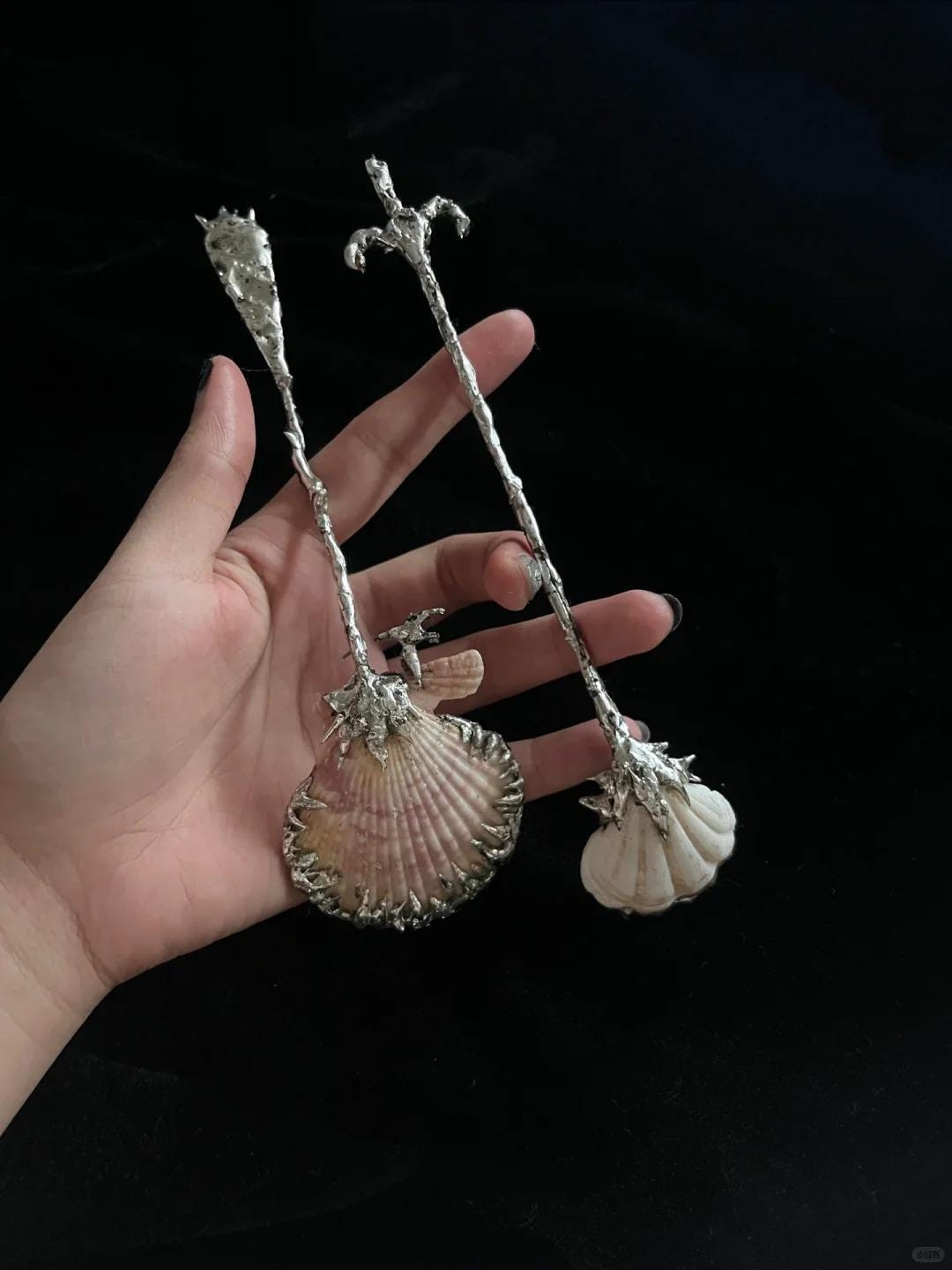 Two decorative shell spoons with different shell bowls and ornate handles, held together.