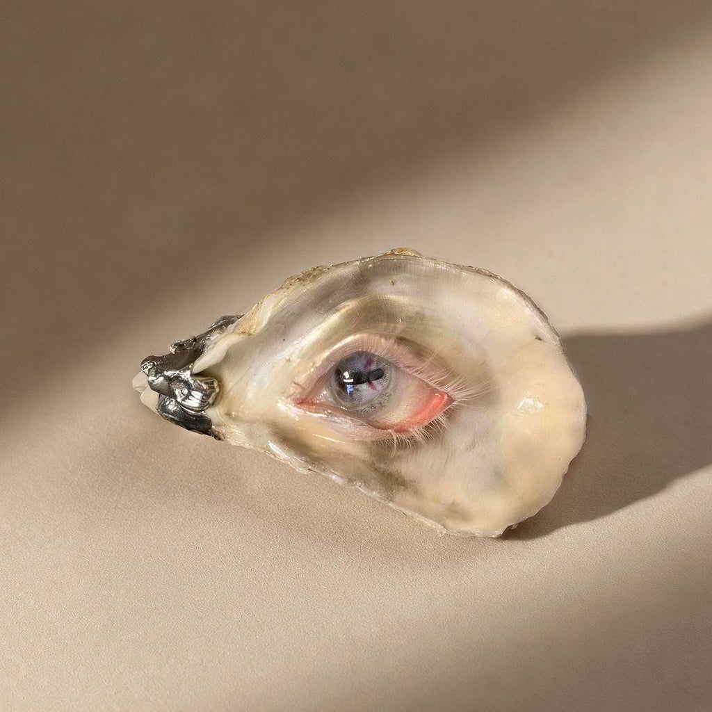 Pearl-Free White-Water Blue Oyster Eye with a pale iris and pink eyelid, resting on ivory fabric.