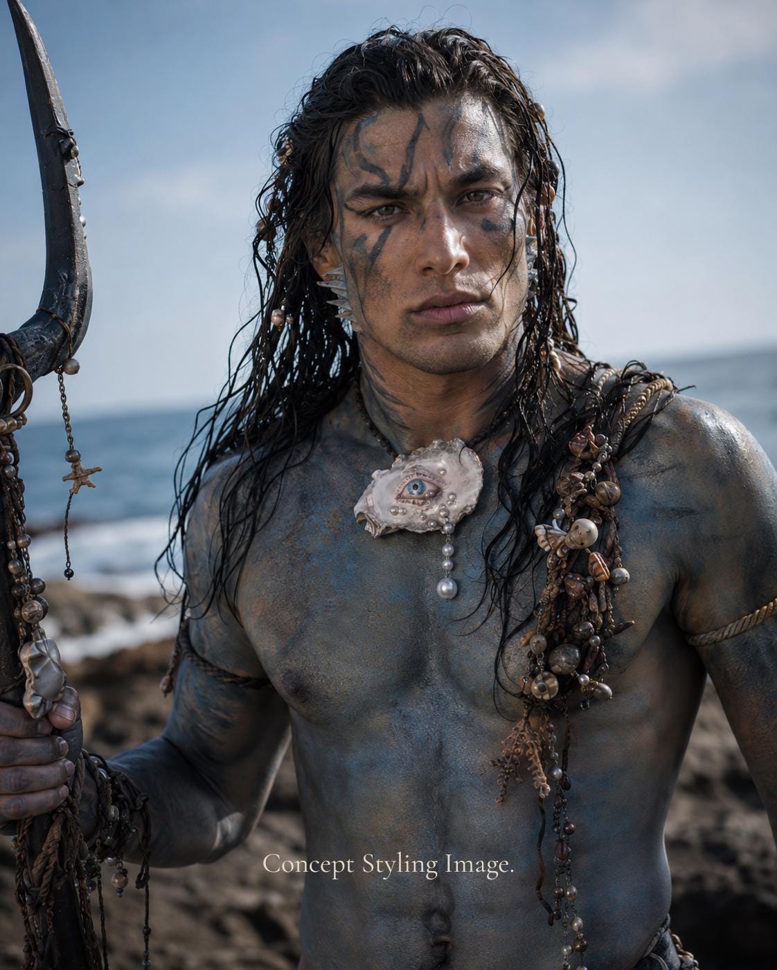 Concept styling reference showing shell-eye jewelry worn with a dark seaside costume.