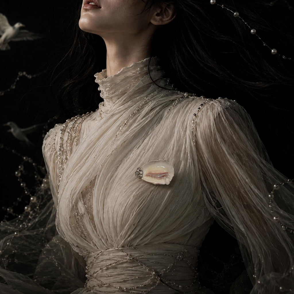 Nyra Sleeping Beauty shell-eye brooch worn on a pale gathered blouse.