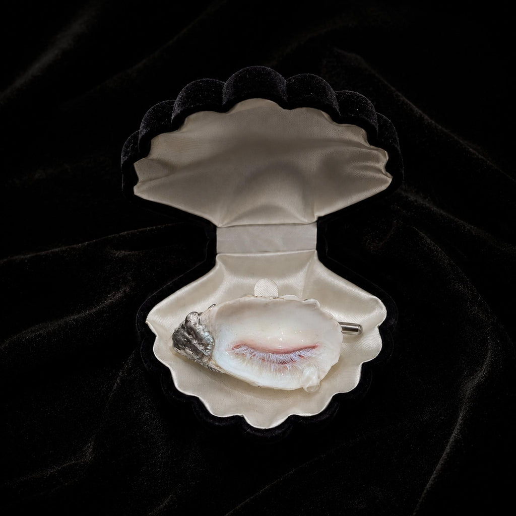 Nyra Sleeping Beauty shell-eye brooch displayed inside an open shell-shaped presentation case.