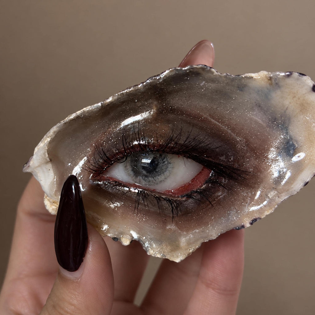 Close-up of Lilith Grey Temptation showing the grey iris, red inner corner and smoky makeup.